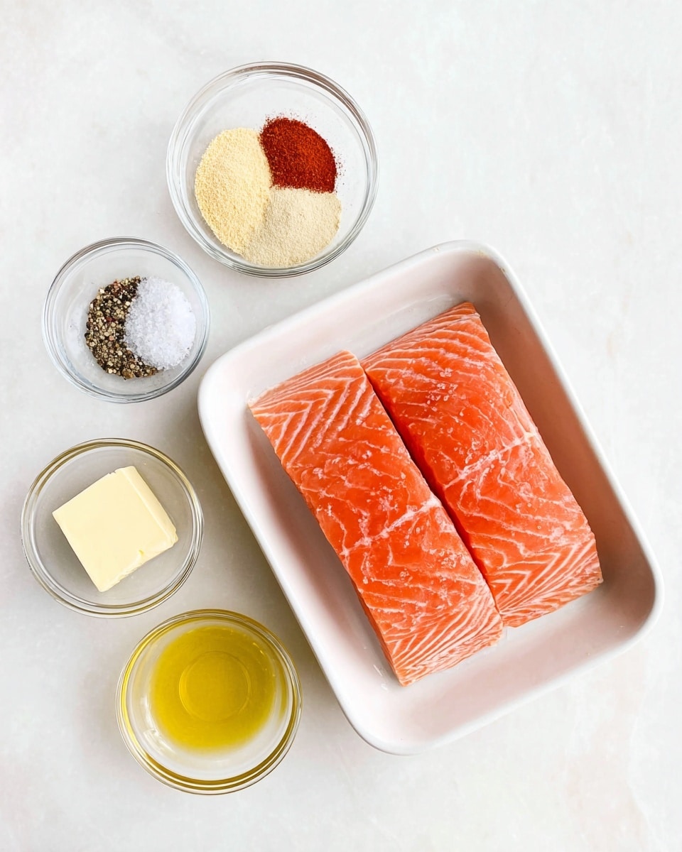 The image shows two thick pieces of raw salmon with a smooth texture and light pink-orange color with white fat lines, sitting in a white tray at the bottom right side on a white marbled surface. Above the salmon tray, there are two small clear glass bowls: the top one has two layers of dry spices, with a pale beige powder and a bright red powder next to each other, and the left one has black pepper and white salt side by side. Below those, closer to the bottom left, there are two more small glass bowls, the upper one containing a small amount of yellow olive oil, and the lower one holding a square piece of pale yellow butter. Photo taken with an iphone --ar 4:5 --v 7