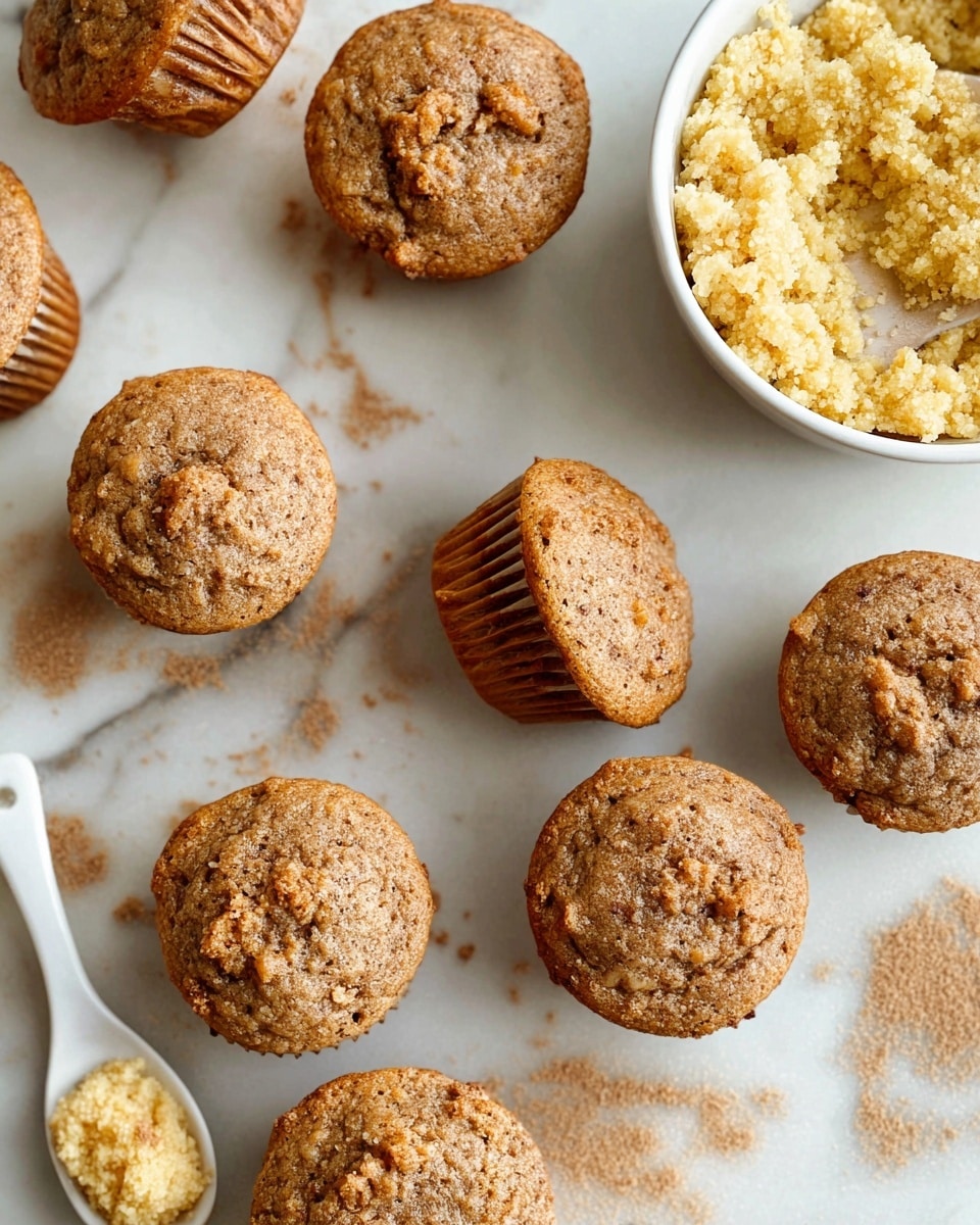 The image shows multiple small muffins with a rough, cracked top and a light brown color, scattered on a white marbled surface. Some muffins lay flat, showing their rounded tops, while others are turned on their sides, revealing a soft, speckled interior. To the right, there is a white bowl filled with a light yellow, crumbly mixture, and a white spoon holding a small portion of the same mixture rests near the muffins. Light brown powder is sprinkled sporadically around the muffins, giving a warm touch to the setup. The scene is bright and natural, focused on the details and texture of the muffins and ingredients. photo taken with an iphone --ar 4:5 --v 7