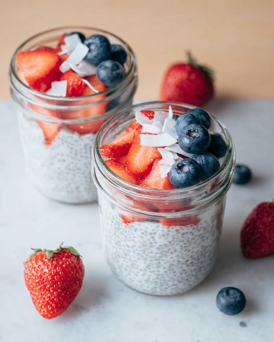 Two clear glass jars sit on a white marbled surface, each filled with a creamy chia seed pudding layer that is light gray-white with tiny black chia seeds evenly spread. On top of each jar's pudding is a bright red layer of sliced strawberries, some sliced into thin triangular pieces. Scattered among the strawberries are round, plump blueberries with a deep blue-purple color. Thin white coconut flakes are sprinkled over the fruit as a final layer. Extra whole strawberries and blueberries rest casually around the jars on the surface. photo taken with an iphone --ar 4:5 --v 7