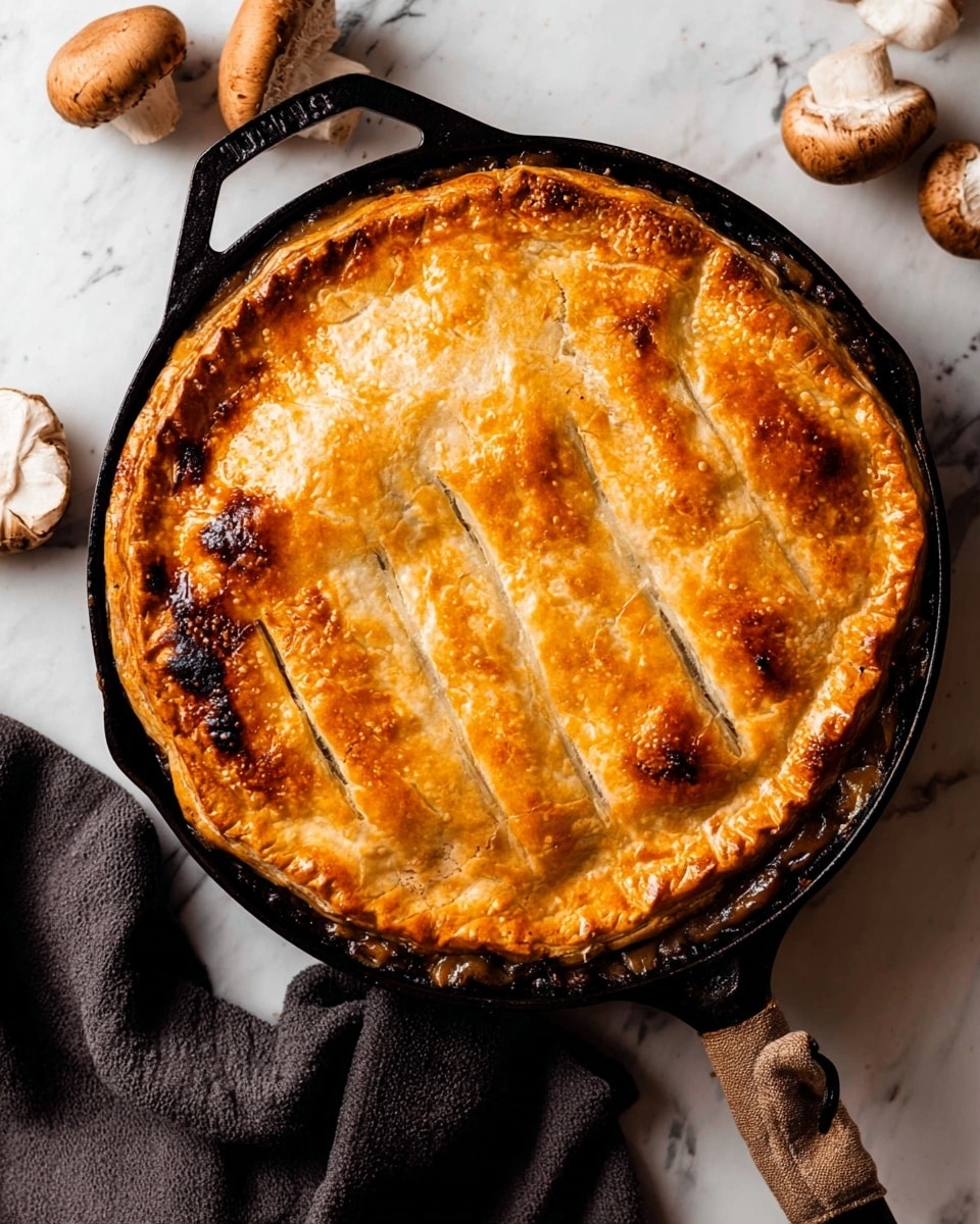 A round baked pie sits in a black cast iron skillet, showing a golden brown crust with a slightly uneven texture and four long raised strips running lengthwise on top. The crust looks crispy with some darker brown spots around the edges, where a dark filling oozes slightly out. The skillet is placed on a white marbled surface, surrounded by a few light and dark brown mushrooms and a dark cloth with a knot near the edge. Photo taken with an iphone --ar 4:5 --v 7