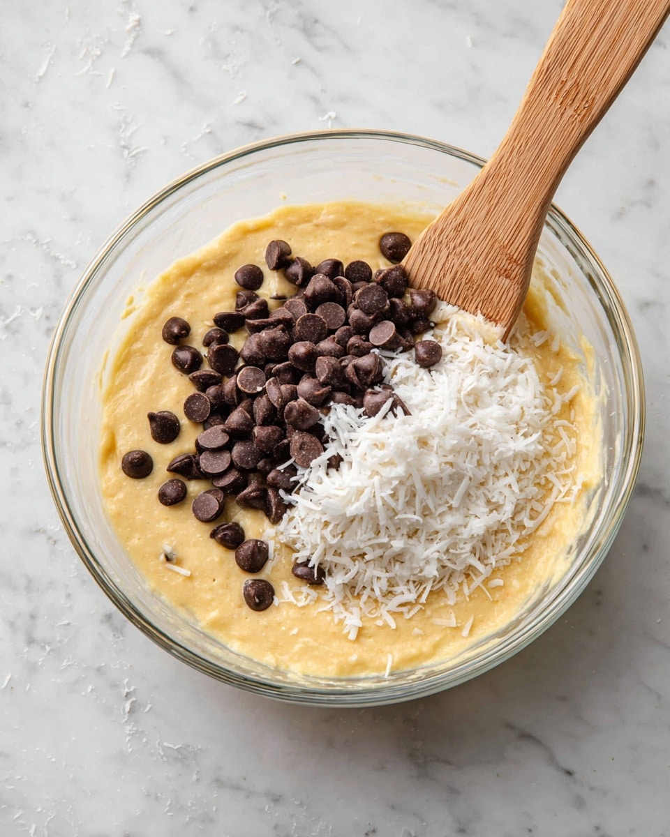 A clear glass bowl sits on a white marbled surface, filled with a thick light yellow batter. On top of the batter, there are two separate piles: one of dark brown chocolate chips and the other of white shredded coconut. A wooden spoon with a light brown handle stands inside the bowl, partly resting in the batter near the toppings photo taken with an iphone --ar 4:5 --v 7
