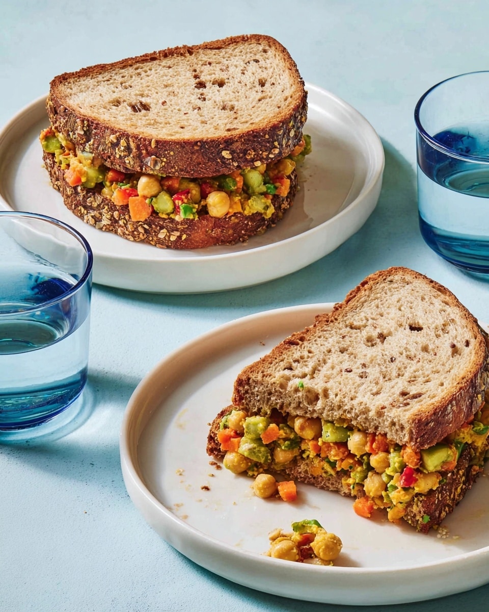 Two sandwiches are shown on two white round plates on a light blue surface. Each sandwich has two thick slices of multi-grain bread with visible seeds and a toasted golden brown texture. Inside, there is a colorful filling made of chopped vegetables including orange carrots, green celery, red pieces, and some chickpeas, giving a mix of green, orange, yellow, and red colors with a chunky texture. One sandwich on the bottom plate is shown with one piece slightly lifted, revealing the filling inside, while on the top plate, the sandwich is placed flat with a small bite taken out of it on the right side. Two glass cups with a blue rim, filled with a clear liquid, are visible near the plates. photo taken with an iphone --ar 4:5 --v 7