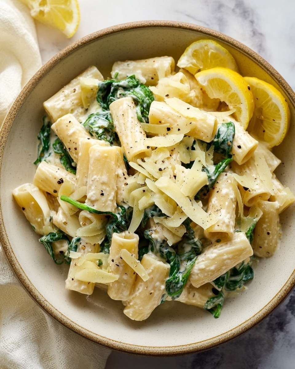 A bowl of rigatoni pasta covered in a creamy white sauce, mixed with bright green spinach leaves scattered throughout. The rigatoni tubes are lightly speckled with black pepper and sprinkled with thin, pale yellow cheese shavings on top. Two lemon wedges rest on the edge of the bowl, adding a pop of yellow color. The bowl is placed on a white marbled surface with a soft cream cloth visible nearby. photo taken with an iphone --ar 4:5 --v 7