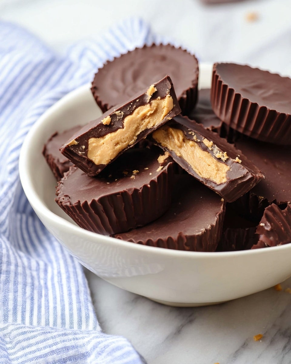 A white bowl filled with several small round chocolate cups, each with a thick dark brown chocolate outer shell and a light tan creamy peanut butter filling inside. One chocolate cup on top is broken in half, showing the smooth, soft peanut butter layer in the middle, with the chocolate shell having ridged sides. The bowl is placed on a white marbled surface with a blue and white striped cloth nearby. The image focuses on the texture of the creamy peanut butter and the shiny chocolate surface photo taken with an iphone --ar 4:5 --v 7