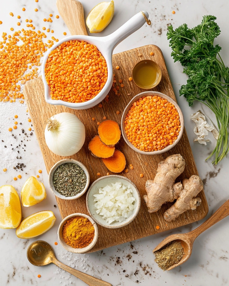 The image shows a wooden cutting board on a white marbled surface, holding various ingredients: a large white measuring cup filled with bright orange lentils, a group of fresh turmeric roots, thin slices of vibrant orange turmeric root, a peeled whole onion, and a small white bowl filled with chopped white onions. Around the board on the marbled surface are a smaller white measuring cup overflowing with orange lentils, a small bowl with greenish-brown ground spices and a small gold spoon, another bowl filled with bright yellow turmeric powder, and a small white bowl holding lemon wedges and lemon halves. Nearby are two small wooden spoons, one with black pepper and one with coarse white salt, scattered pepper and salt, and a bunch of fresh green parsley. A small cup with olive oil is on the top of the board, with some lentils spilled around. Photo taken with an iphone --ar 4:5 --v 7