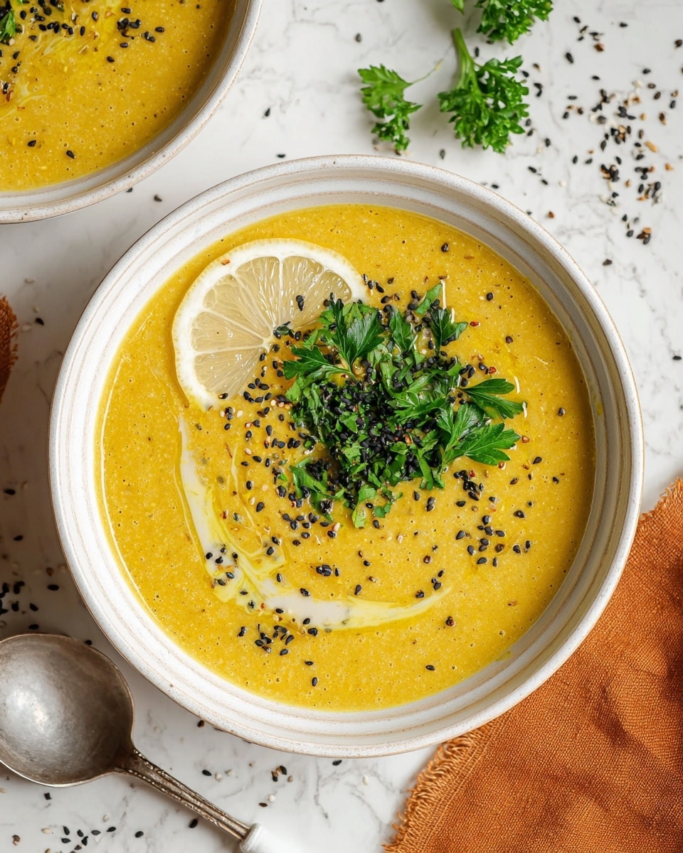 A bowl of thick yellow soup fills the white bowl, textured with small bits showing softness. On top, there is a single thin lemon slice laid near the center, surrounded by a small pile of fresh green parsley leaves. Black sesame seeds are scattered over the surface, adding small dark spots that contrast with the yellow soup. A small amount of oil creates a shiny swirl pattern on the soup’s surface. The bowl sits on a white marbled surface, with scattered black sesame seeds and parsley leaves around it, along with a folded orange napkin and a silver spoon partly shown at the edges. Photo taken with an iphone --ar 4:5 --v 7