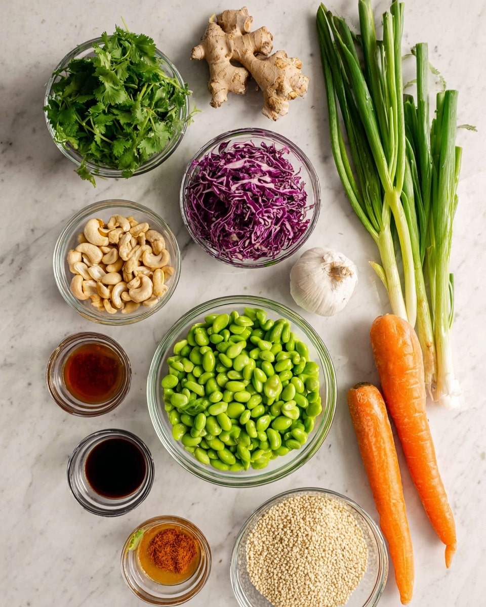 The image shows fresh ingredients neatly arranged on a white marbled surface. In the center is a clear glass bowl filled with bright green edamame beans. To the left is a bowl with chopped leafy greens, and next to it, another bowl holds finely shredded purple cabbage. To the right of the edamame is a bowl of light-colored cashew nuts, and beside it is a bowl with small white quinoa seeds. Above these bowls are two large, smooth orange carrots and a bunch of long green spring onions with white bases. Near the center top is a bulb of garlic, a piece of knobby ginger, and a bunch of fresh cilantro with leafy green stems. To the left side, there are six small clear glass bowls with different liquids and pastes in shades of dark brown, light brown, orange, and red. The ingredients are well spaced and neatly placed. Photo taken with an iphone --ar 4:5 --v 7