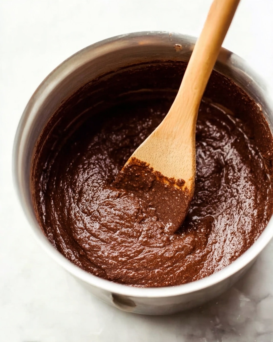 A close-up view of a metal pot filled with thick, dark brown chocolate batter that has a slightly lumpy and creamy texture. A wooden spoon with a smooth handle is partially dipped into the batter, its tip coated slightly with the chocolate mixture. The pot sits on a white marbled surface, and the focus is on the texture and rich color of the batter inside the pot. photo taken with an iphone --ar 4:5 --v 7