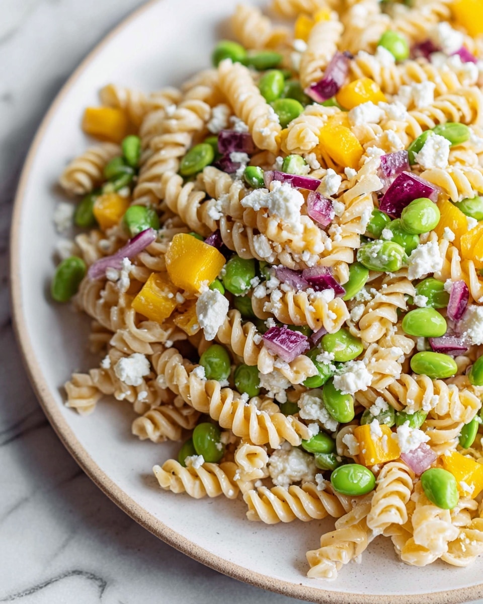 A close-up view of a pasta salad served on a white plate placed on a white marbled surface. The dish is made of three layers: the bottom layer is light beige spiral pasta, the middle layer has bright green edamame beans and yellow bell pepper cubes, and the top layer features small pieces of purple-red onion and white crumbled cheese sprinkled evenly. The textures vary from smooth pasta, firm beans, crunchy pepper, crisp onion, and soft cheese. Photo taken with an iphone --ar 4:5 --v 7