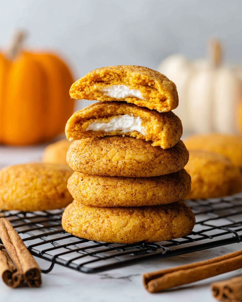 A stack of five soft, round pumpkin cookies sits on a black wire rack placed on a white marbled surface. The cookies are golden orange with a speckled cinnamon-like coating, showing a slightly rough texture. On top of the stack, there is a cookie broken in half, revealing a creamy white filling inside. In the background, there are blurred orange pumpkins, and in the foreground, there are cinnamon sticks resting on the marbled surface. Photo taken with an iphone --ar 4:5 --v 7