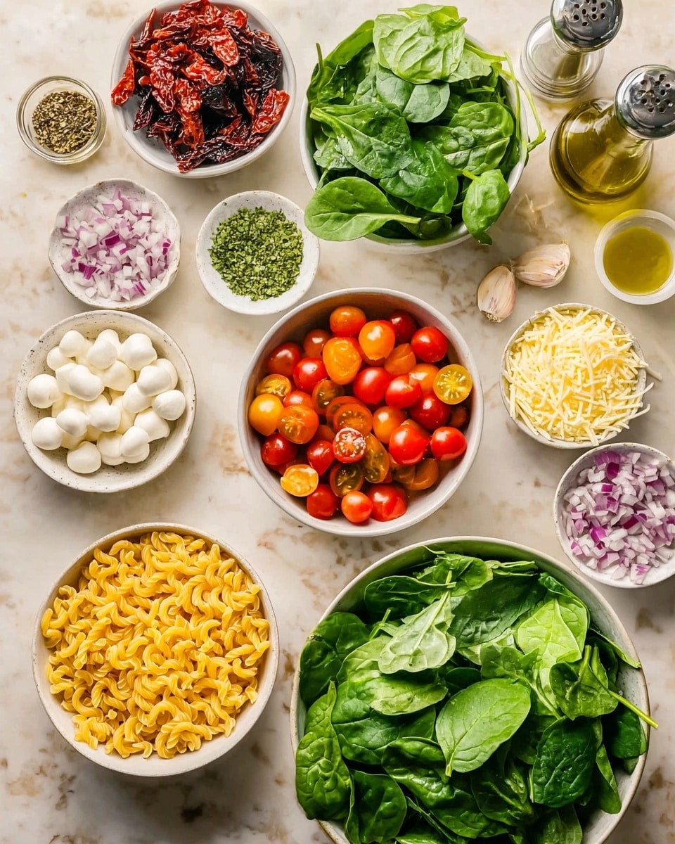 The image shows an overhead view of various fresh ingredients arranged neatly on a white marbled surface. The largest bowl on the right side is filled with bright green spinach leaves, with their smooth textures and distinct veins visible. Below it, a white bowl holds shiny, halved cherry tomatoes with a mix of deep red and orange colors. Another white bowl in the upper left contains dark red sun-dried tomatoes, with a wrinkled texture. On the bottom left, a white bowl contains yellow curly pasta, its small pieces densely packed together. To the left of the pasta, a bowl of small white mozzarella balls is placed. Small white bowls and cups filled with finely shredded yellow cheese, chopped purple-red onions, dried green herbs, and dark balsamic vinegar sit scattered between the main bowls. Small piles of minced garlic and a glass bottle of light yellow olive oil add more texture and color contrast around all the bowls. Two salt and pepper shakers are also visible near the right side. The overall setting is bright and colorful, highlighting the fresh ingredients. photo taken with an iphone --ar 4:5 --v 7