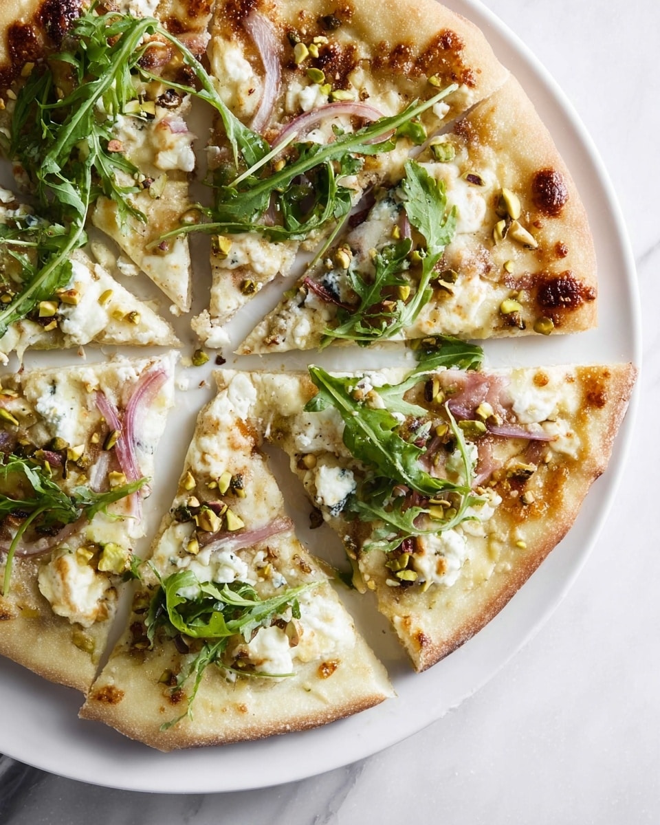 A white plate holds a pizza cut into eight slices, showing a thick, light beige crust with a slightly browned edge. The top layer is a mix of melted white cheese and soft, crumbly white cheese. Thin purple rings of onion are scattered underneath. Green arugula leaves lay on top unevenly. Light brown chopped nuts and small green pistachio pieces are sprinkled across the surface, adding texture. The background is a white marbled surface. photo taken with an iphone --ar 4:5 --v 7