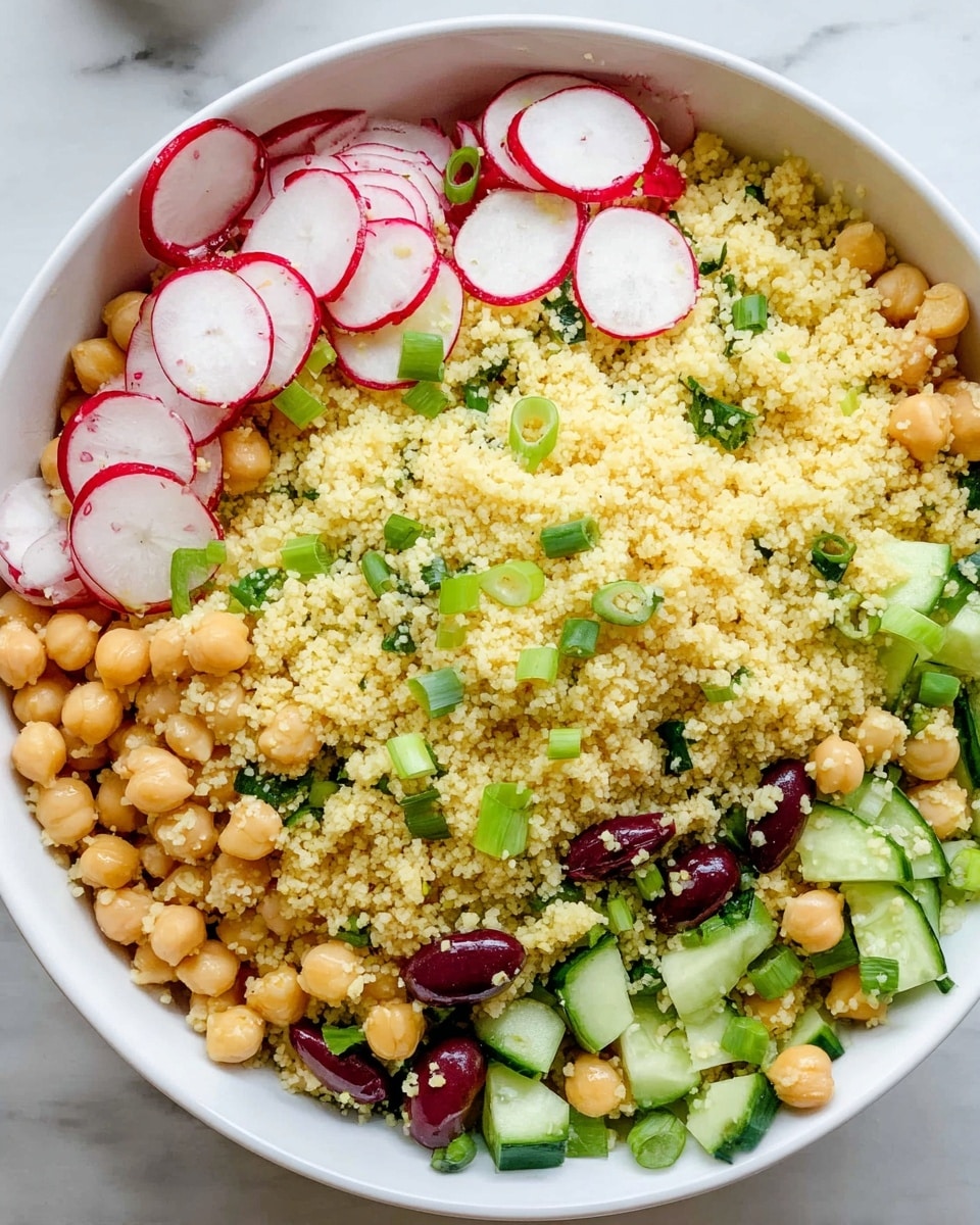 A white bowl filled with a colorful couscous salad, showing about three layers: the bottom layer is light yellow couscous with fine grain texture; mixed in are tan chickpeas and dark brown olives scattered evenly. The middle layer has bright green cucumber pieces and green onion slices, adding fresh, crisp textures. The top layer includes thinly sliced radishes with white centers and red edges, layered on one side, along with more green onions sprinkled over. The bowl is placed on a white marbled surface. photo taken with an iphone --ar 4:5 --v 7