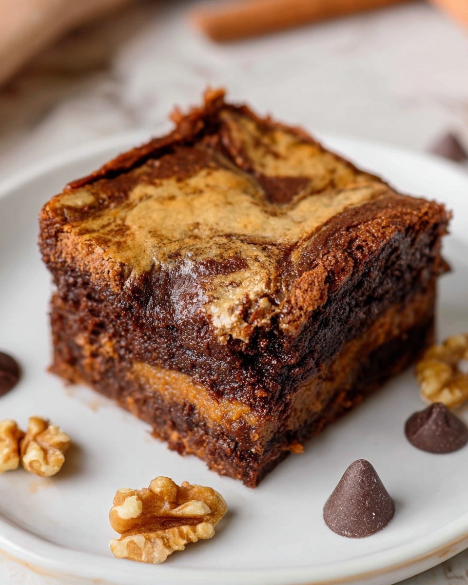 A thick square piece of dessert sits on a white plate with a white marbled texture background, showing two clear layers: a dense, moist dark brown base rich with chocolate texture, and a lighter brown swirled top layer that looks cracked and slightly crispy. The uneven surface of the top layer has mixed shades of caramel and chocolate browns. Around the plate are small pieces of walnuts and a few chocolate chips, adding a rustic touch. photo taken with an iphone --ar 4:5 --v 7