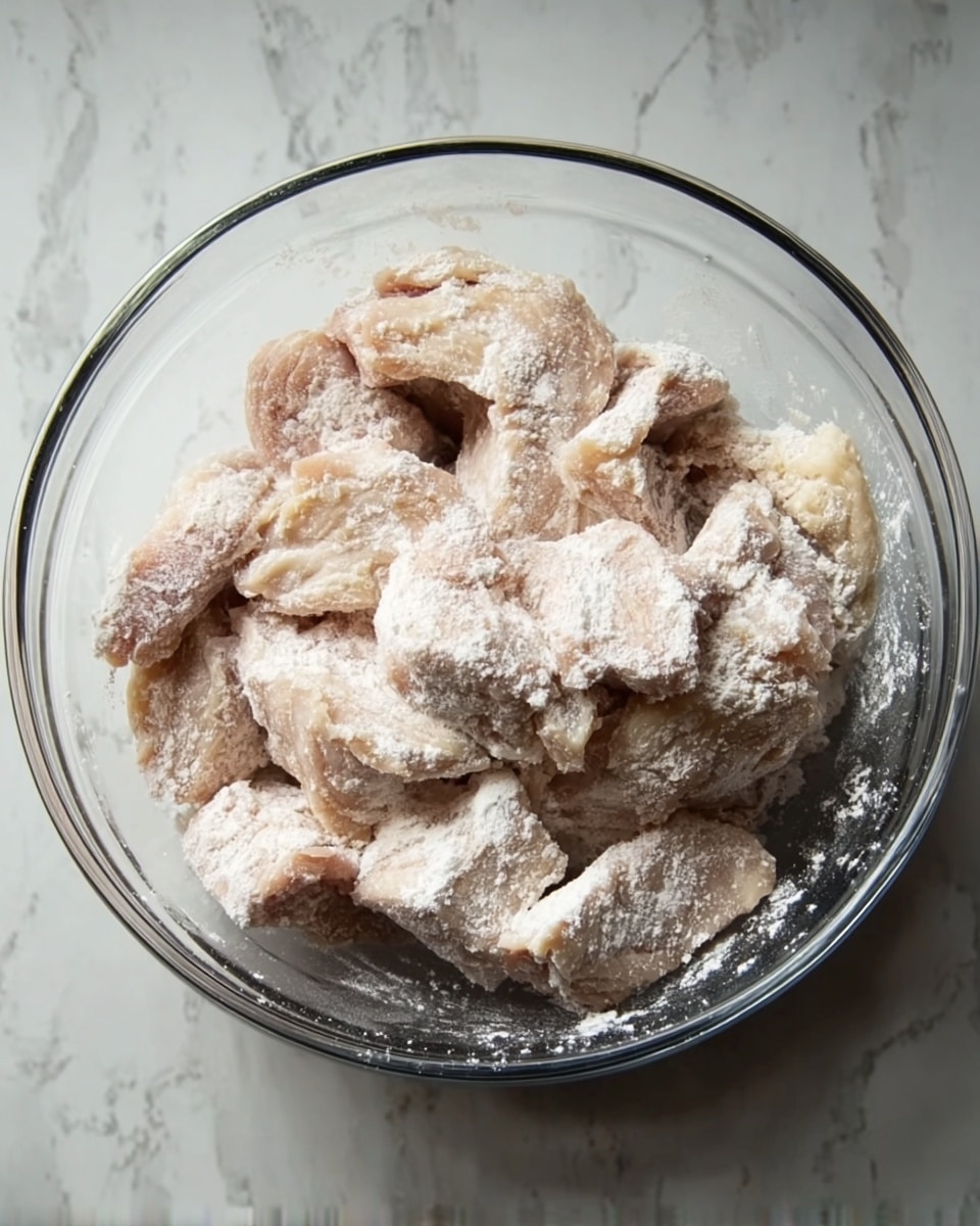 A clear glass bowl filled with many pieces of raw meat coated in a pale, flour-like powder. The pieces vary in size and shape, layered loosely and overlapping each other inside the bowl. The flour coating creates a light, dusty texture on the surface of the meat chunks. The bowl sits on a white marbled surface, providing contrast to the lightly colored meat. photo taken with an iphone --ar 4:5 --v 7
