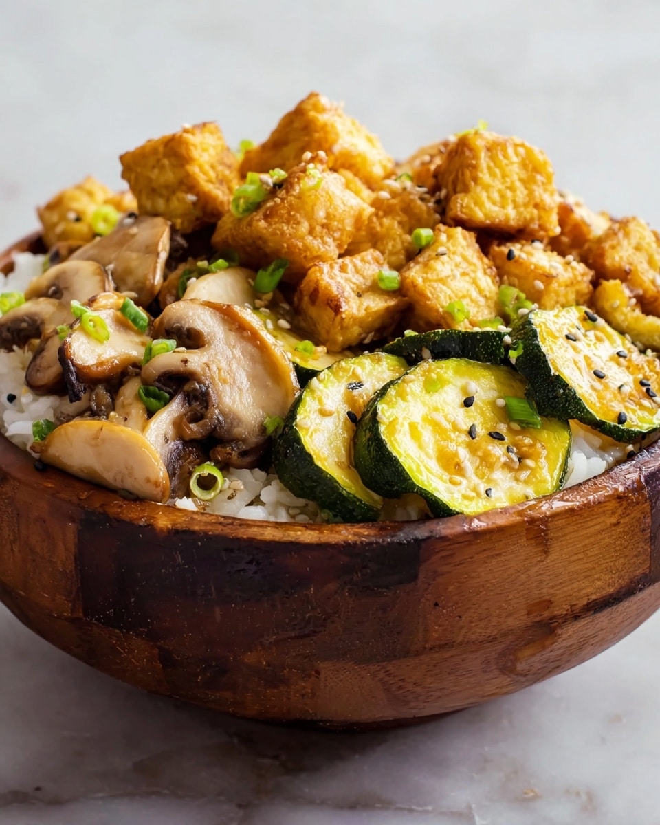 The image shows a wooden bowl filled with a dish made of three main layers. The bottom layer is white rice, partly visible around the edges. The middle layer has sliced mushrooms in light brown with a smooth texture and large green zucchini pieces with a shiny, slightly wet look. The top layer has golden-brown fried tofu cubes with a crisp texture, some sprinkled with small black sesame seeds and some chopped green onions. The bowl is placed on a white marbled surface, and the background is softly blurred. photo taken with an iphone --ar 4:5 --v 7