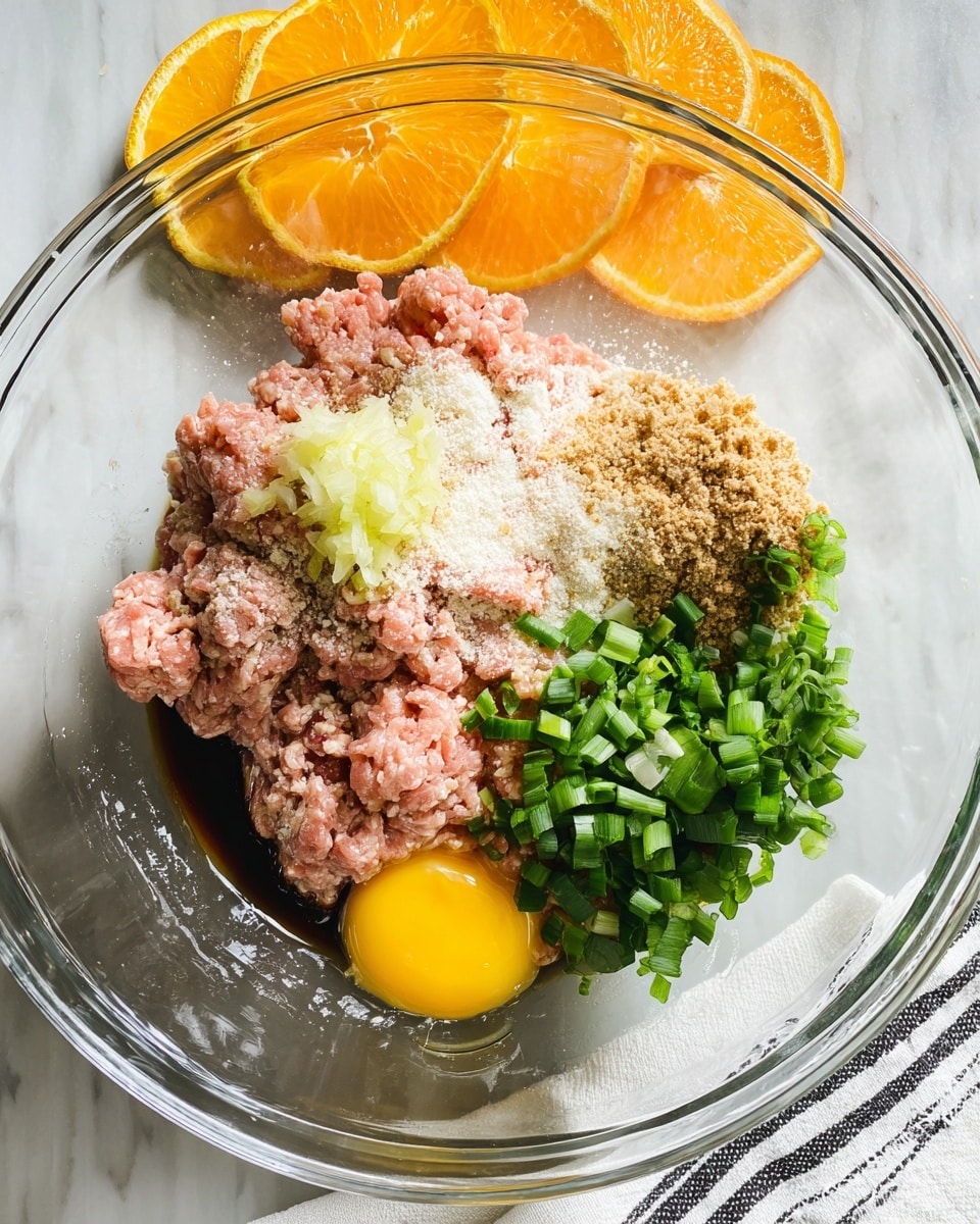 1 A clear glass bowl on a white marbled textured surface holds several ingredients arranged in separate piles ready to mix: pink ground meat in the largest section, minced light yellow ginger on top of the meat, off-white panko breadcrumbs next to the ginger, light brown ground ginger spice over the breadcrumbs, a pile of bright green chopped scallions to the right, a small yellow egg yolk below the scallions, dark brown soy sauce pouring into the meat on the left side, and white and black pepper sprinkled near the center. thin orange slices are arranged behind the bowl, and a white cloth with black stripes is placed to the right outside the bowl. photo taken with an iphone --ar 4:5 --v 7