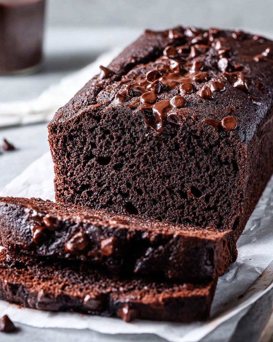 A thick loaf of dark chocolate cake sits on white parchment paper, sliced at the front to show its moist, dense texture with melted chocolate chips inside. The top layer is covered with shiny, slightly melted chocolate chips scattered unevenly, adding extra texture. The cake's deep brown color contrasts with the white marbled surface background. Two slices lie in front of the loaf, showing the rich, soft crumb and some chocolate chips on their surface. Photo taken with an iphone --ar 4:5 --v 7