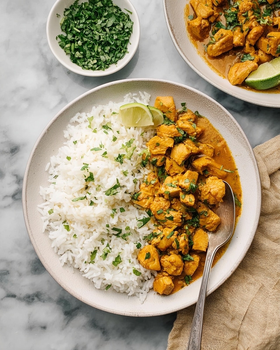 A white plate holds two main layers: on the left side is fluffy white rice with a slightly rough texture, and on the right side is a layer of golden-brown chicken pieces cooked in a thick sauce with a rich orange color, sprinkled with fresh green chopped herbs. A lime wedge sits at the top center edge of the chicken. On the right side of the plate, a silver spoon rests partly in the rice. Next to the plate is a white bowl filled with finely chopped green herbs. The setting is on a white marbled surface with a beige cloth napkin on the right edge. Photo taken with an iphone --ar 4:5 --v 7