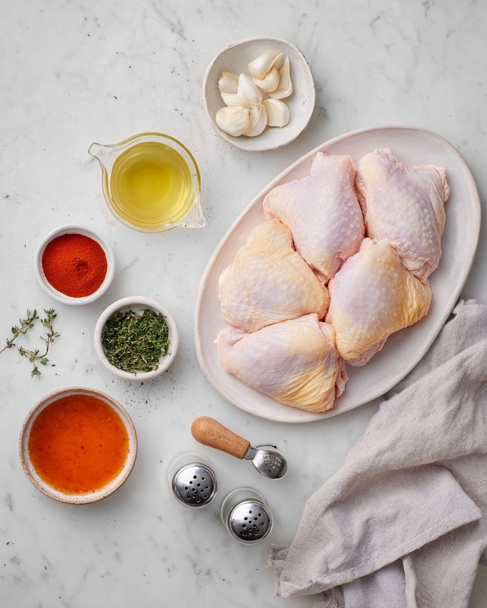 On the right side, a white oval plate holds four raw pieces of chicken with pale pink skin and a slight yellow tint near the edges, arranged in a slightly overlapping manner. Around the plate, various small white bowls and containers are placed on a white marbled surface. At the top left, a small bowl contains several peeled garlic cloves. Next to it, a tiny bowl holds bright red paprika powder. Below, a small bowl filled with orange-red liquid is near a bowl of chopped green herbs, with visible thyme and parsley. Further down, a small glass container with a wooden handle holds light yellow liquid, while a white cup below it contains olive oil. Two small silver salt and black pepper shakers sit sided by side near the bottom center. A loosely folded light gray cloth is placed on the right side of the surface. Photo taken with an iphone --ar 4:5 --v 7