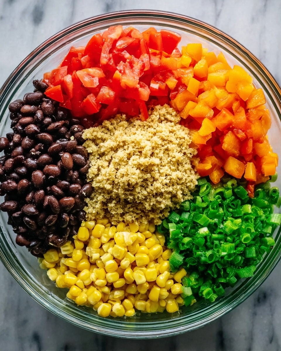 A clear glass bowl filled with six separate layers of colorful ingredients arranged side by side: black beans with a shiny smooth texture on the left, next to diced bright red tomatoes, followed by chopped orange bell peppers with a slightly bright surface, a pile of light tan grain in the center that looks crumbly, bright green chopped green onions to the right with a fresh glossy look, and yellow corn kernels at the bottom with a plump and shiny texture. The bowl is placed on a white marbled surface. photo taken with an iphone --ar 4:5 --v 7