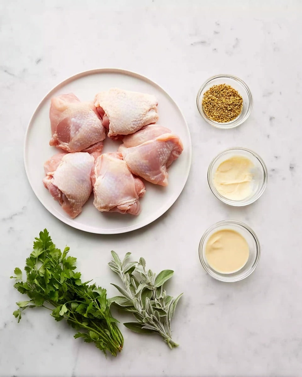The image shows a white plate on a white marbled surface with six raw chicken thighs that have soft pink skin and some fat around the edges. To the right, there are three small clear glass bowls arranged vertically, each holding a sauce or condiment: the top bowl has grainy mustard with a yellow and brown mix, the middle bowl contains creamy yellow mustard, and the bottom one has a light cream sauce. Below these bowls, there are two small bunches of fresh green herbs, one with flat leaves and the other with elongated leaves with a slight gray-green shade. Photo taken with an iphone --ar 4:5 --v 7