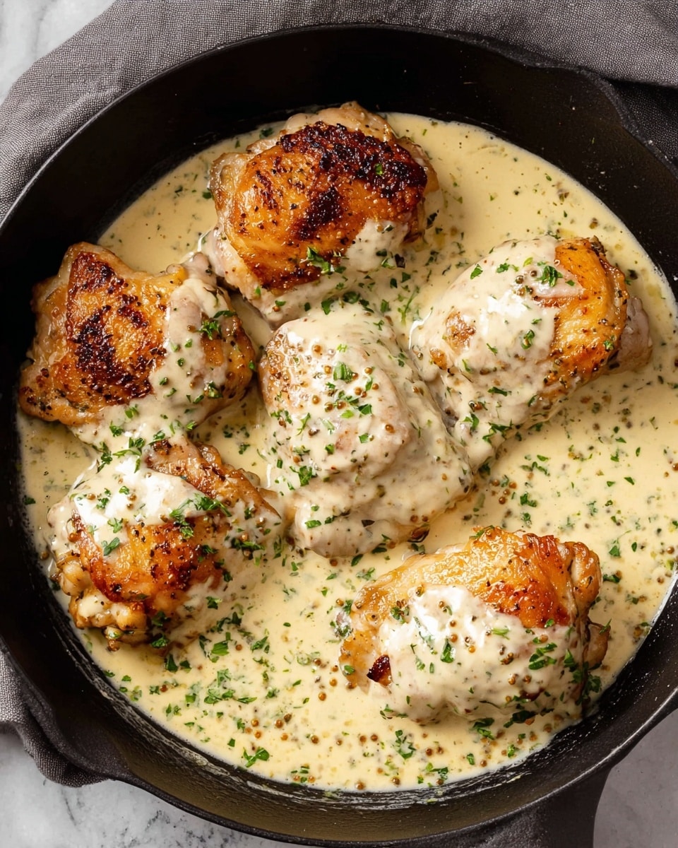 A black skillet contains five browned chicken pieces with golden crispy skin on the top side, each covered with a creamy white sauce speckled with herbs and small mustard seeds. The sauce pools around the chicken, filling the skillet base with a thick texture and some green herb bits. The background is a white marbled surface partially covered by a grey cloth, framing the skillet naturally. photo taken with an iphone --ar 4:5 --v 7