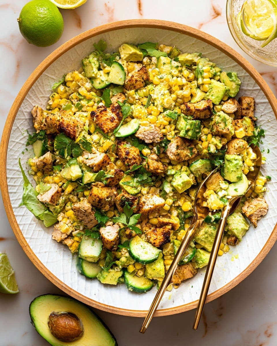 A large white bowl with wooden edges holds a colorful salad mixed with three main layers: bright yellow grilled corn cut into small pieces, light green cucumber slices, and green chunks of avocado. Chunks of browned grilled chicken are scattered evenly throughout the salad, adding a textured, golden-brown tone. Fresh green herbs and leafy greens are sprinkled on top, giving a fresh, vibrant look. Two gold-colored serving spoons rest inside the bowl. The bowl sits on a white marbled surface with lime wedges and an avocado nearby. Photo taken with an iphone --ar 4:5 --v 7