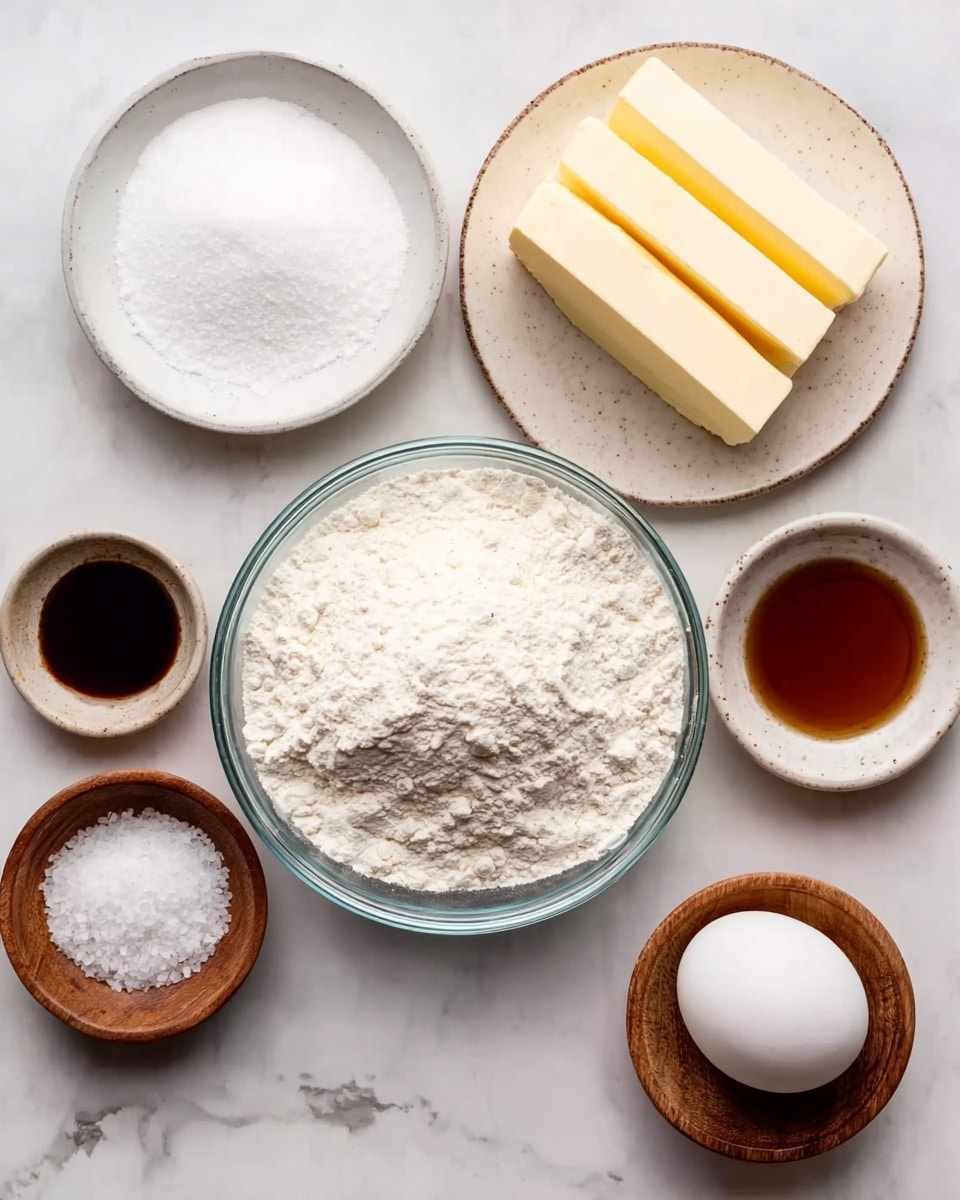 A clear glass bowl in the center is filled with white flour, surrounded by small bowls on a white marbled surface. To its left, a white bowl holds white sugar, a small white bowl contains dark brown liquid, and a small wooden bowl has white salt. To the right, a wooden bowl holds a whole white egg, and a white plate displays two sticks of pale yellow butter. Photo taken with an iphone --ar 4:5 --v 7