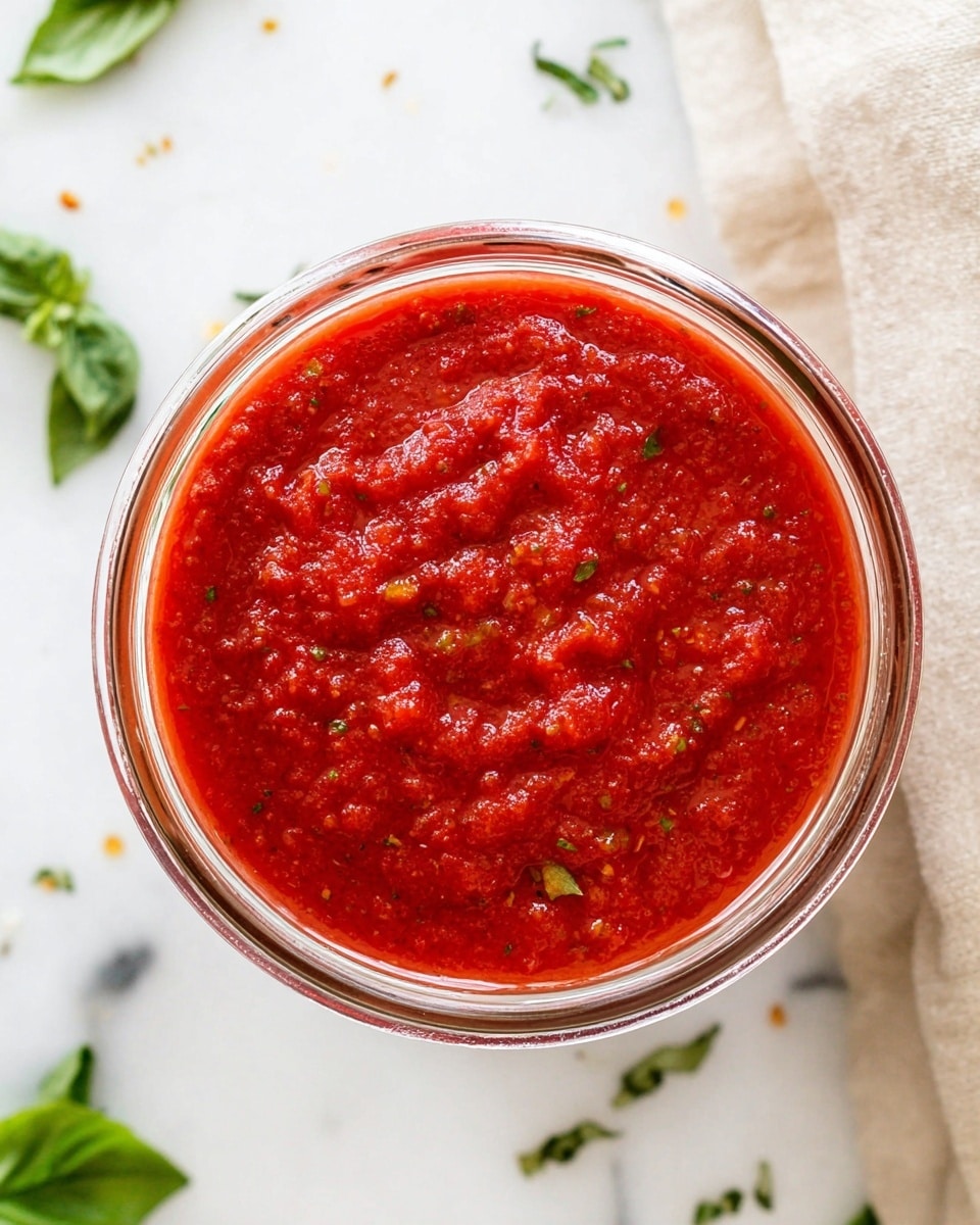 The image shows a close-up top view of a clear glass bowl filled with vibrant red tomato sauce. The sauce has a thick and slightly chunky texture with visible small bits and tiny green specks, likely herbs, evenly mixed throughout. The bowl sits on a white marbled surface with scattered green basil leaves around it. In the top right corner, part of a soft beige cloth is visible. The shot is bright and sharp, highlighting the rich color and texture of the sauce. photo taken with an iphone --ar 4:5 --v 7