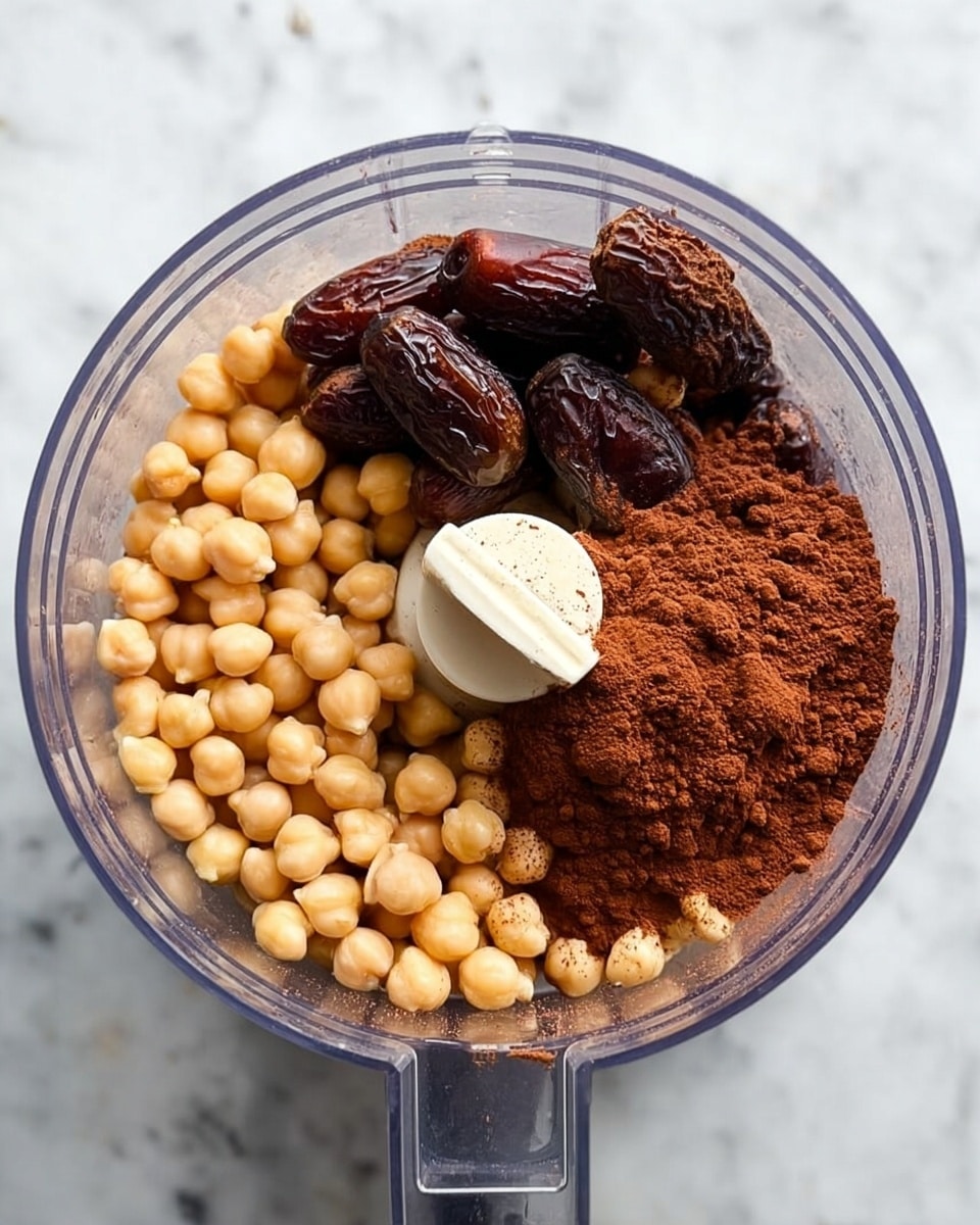 A clear food processor bowl is shown from above on a white marbled surface. Inside, there are three main layers: light beige chickpeas covering the base, several dark brown dates placed on one side, and a pile of rich brown cocoa powder on the other side. In the center, there is a small white blade housing dusted with cocoa powder. The scene is bright with natural light highlighting the textures and colors of the ingredients clearly. Photo taken with an iphone --ar 4:5 --v 7