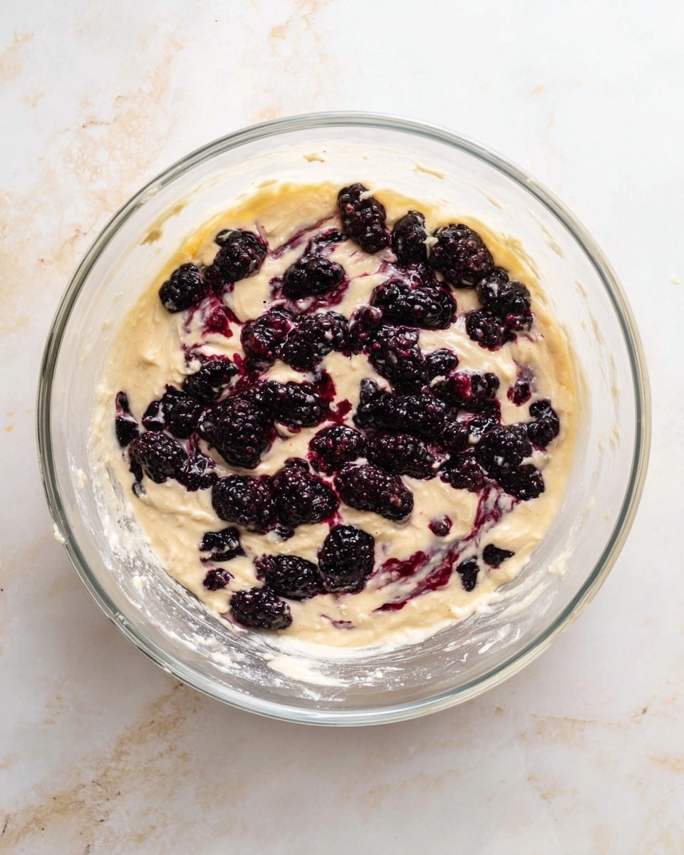 A clear glass bowl is placed on a white marbled surface. Inside the bowl, there is a creamy, light beige batter with a smooth texture as the base layer. On top of the batter, scattered unevenly, are many whole and halved blackberries, showing deep purplish-black colors with a bumpy texture. Some blackberries are partially mixed into the batter, creating swirls of dark purple and beige. The bowl is viewed from above, highlighting the contrast between the creamy batter and the rich, dark berries. photo taken with an iphone --ar 4:5 --v 7
