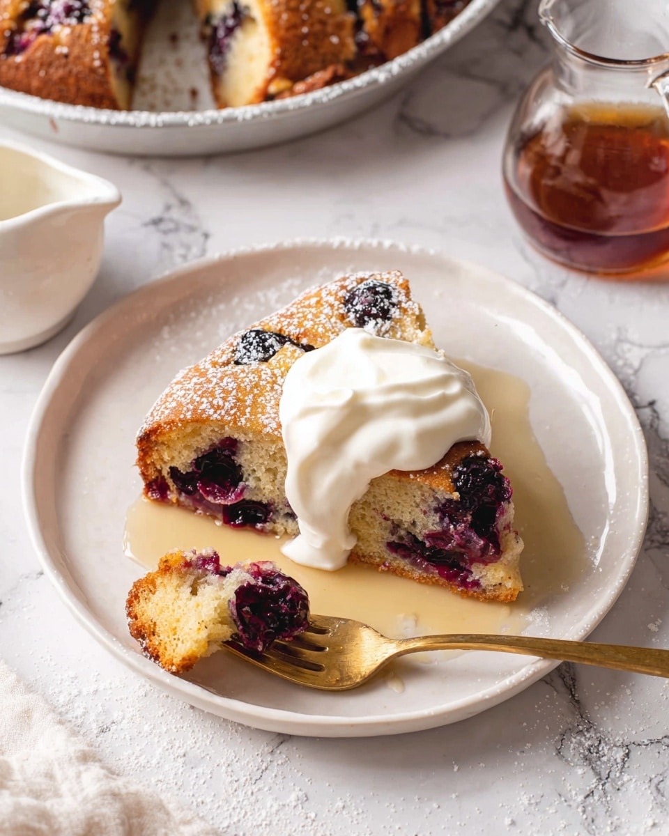 A slice of golden-brown cake with dark purple berries baked inside sits in the center of a white plate. The top of the cake is slightly crisp and sprinkled with powdery white sugar. On top of the slice, there is a thick dollop of smooth white cream that spills slightly onto the plate. Around the cake slice, a light syrup pools on the plate. A gold fork with a piece of the same cake, showing the soft, moist inside with berries, lies on the plate touching the cake. The background is a white marbled surface with part of the cake pan and a small glass pitcher of syrup visible near the edges. Photo taken with an iphone --ar 4:5 --v 7