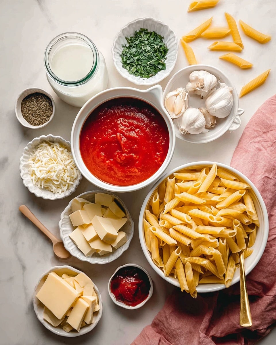 The image shows a top view of several white bowls and cups on a white marbled surface, arranged neatly. The largest bowl on the right holds yellow dry penne pasta with a gold spoon resting on it. To its left, a large white cup is filled with bright red tomato sauce. Behind the pasta bowl, a glass jar contains white cream. Smaller bowls contain different ingredients: green chopped herbs in one, white salt mixed with black pepper in another, two whole garlic cloves in a fluted dish, light yellow cheese cubes in a scalloped bowl, thin pale cheese slices in a bowl with a small wooden spoon, and a small bowl with red paste. A pink cloth lies beneath some of the bowls. A few pieces of penne pasta are scattered on the surface. Photo taken with an iphone --ar 4:5 --v 7
