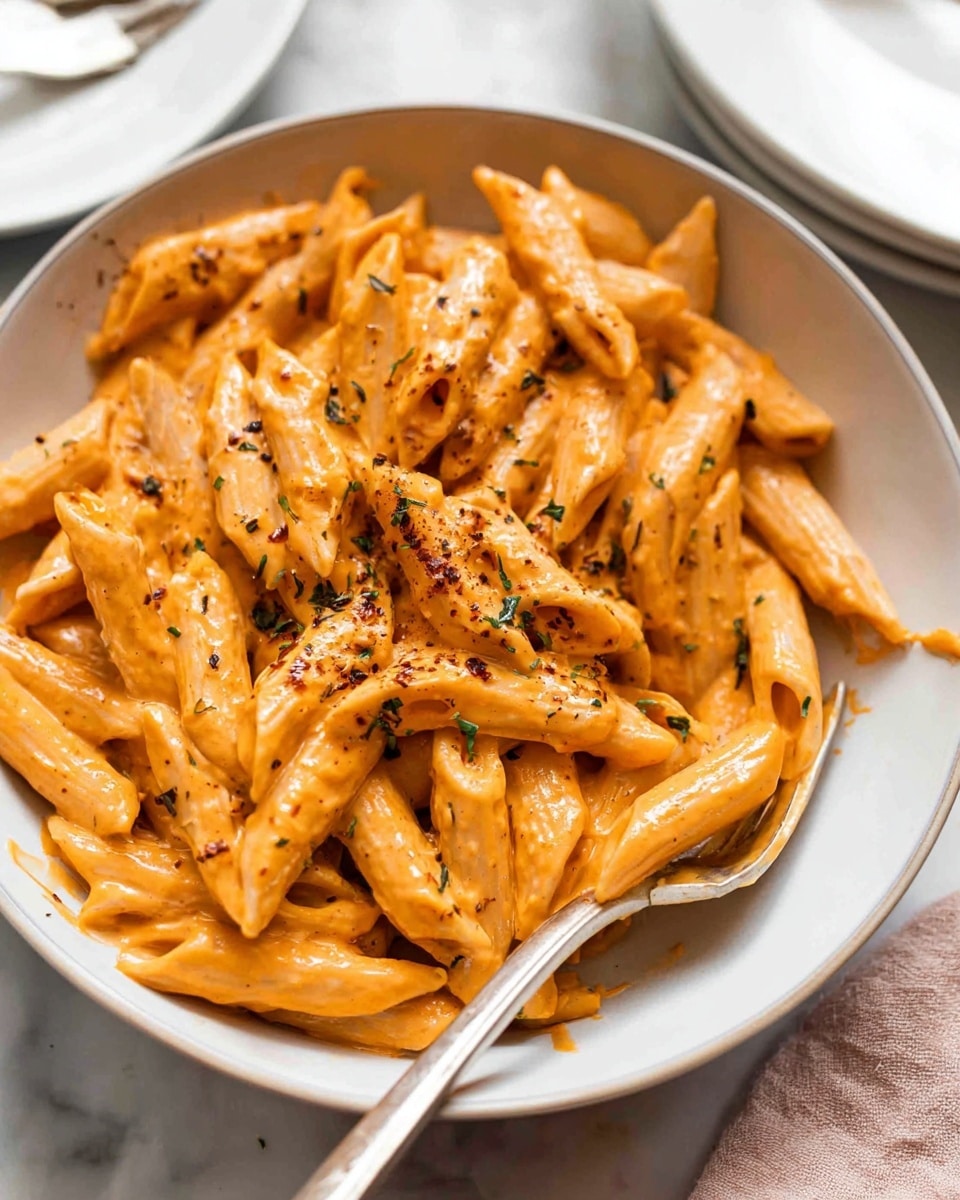 A close-up of a white bowl filled with penne pasta coated in a smooth, creamy orange sauce. The pasta is mixed with small green herbs and topped with scattered black pepper. A silver fork rests on the edge of the bowl, slightly inside the pasta. The background shows a soft white marbled surface with parts of other white plates visible around. The overall look is warm and inviting, with focus on the texture and color of the creamy pasta. photo taken with an iphone --ar 4:5 --v 7