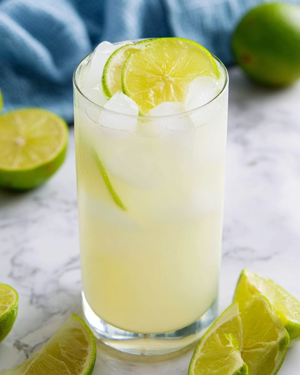 A tall clear glass filled with a light yellow lime drink, showing several large ice cubes floating inside. On top of the drink, two thin bright green lime slices rest against the side of the glass. Around the glass, there are more lime halves and slices placed on a white marbled surface. In the background, a soft blue cloth is slightly visible. photo taken with an iphone --ar 4:5 --v 7