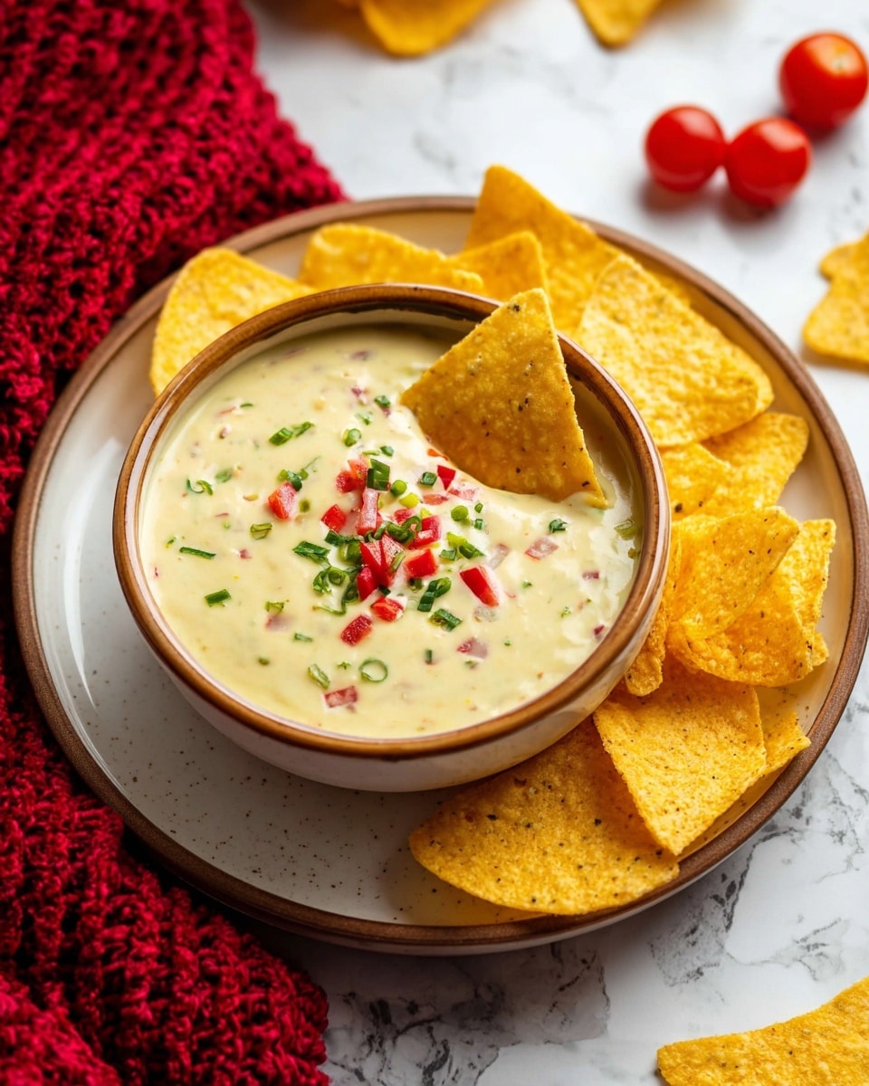 A bowl of creamy, light yellow dip topped with small pieces of red and green peppers sits in the center of a white plate with a brown rim. Around the bowl on the plate are several large, golden-yellow tortilla chips, one of which is dipped partially into the dip. The plate rests on a red knitted mat, all placed on a white marbled surface. In the background, there are halved cherry tomatoes and extra tortilla chips scattered around. photo taken with an iphone --ar 4:5 --v 7