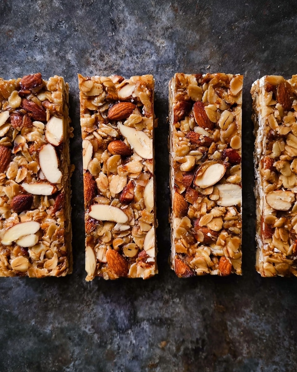 The image shows four rectangular granola bars placed side by side on a dark surface with a rough texture. Each bar has a dense top layer made of various nuts and oats, including whole almonds and sliced almonds mixed throughout a sticky golden-brown binder. The texture appears crunchy with visible oats and nuts tightly packed together, creating an uneven and natural finish. Photo taken with an iphone --ar 4:5 --v 7