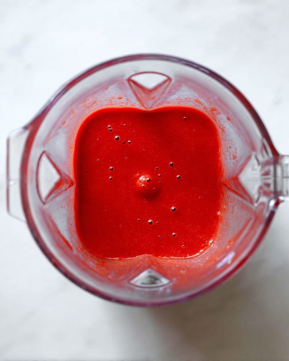 A clear blender pitcher is shown from above, filled about one-third with smooth, bright red sauce. The sauce has a creamy texture with small bubbles on the surface and clings slightly to the transparent sides of the blender. The pitcher sits on a white marbled surface, and the lighting is soft, highlighting the vivid red of the sauce inside. Photo taken with an iphone --ar 4:5 --v 7