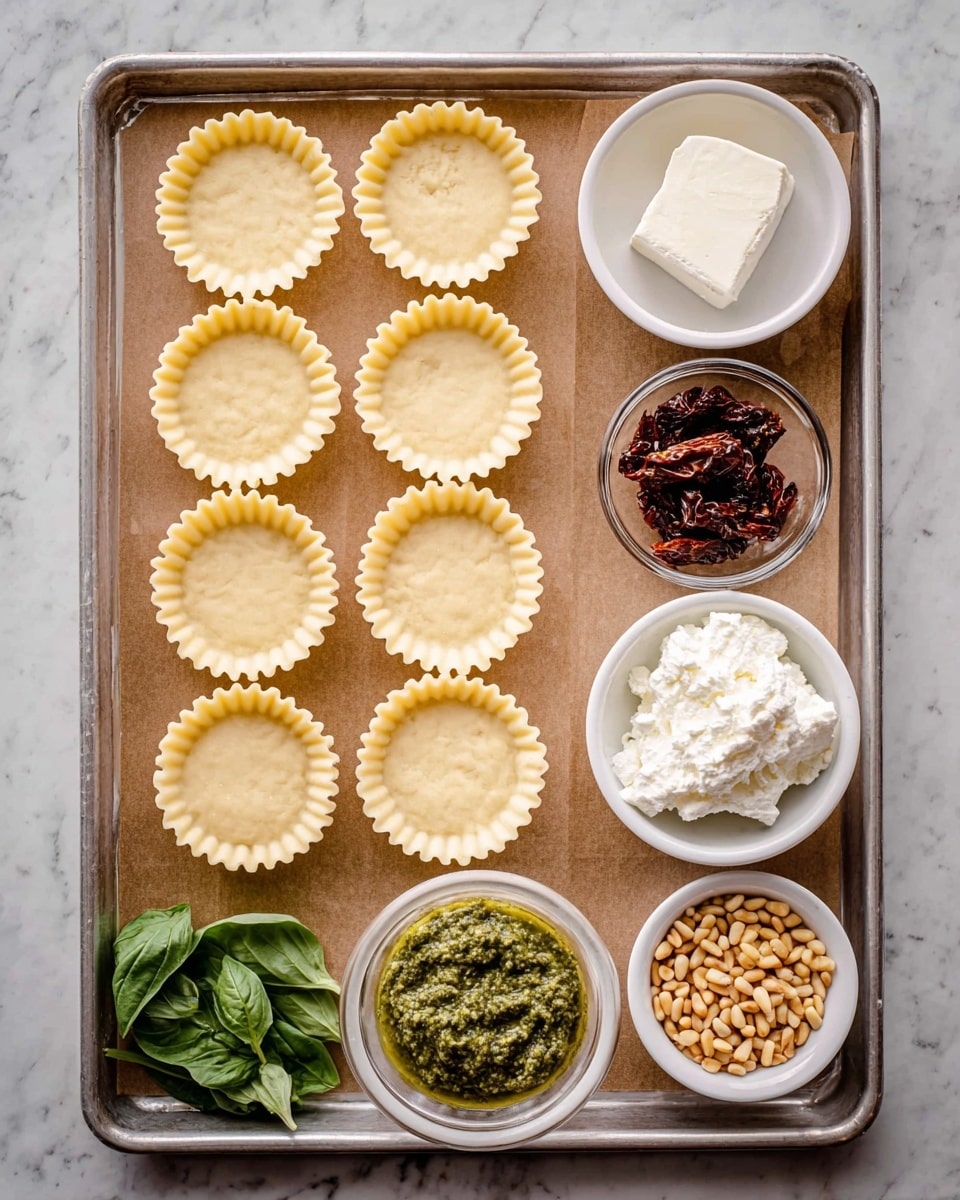 A metal baking tray with a clear plastic container holding 15 round tart shells with ruffled edges arranged in three columns and five rows on the left side. On the right side of the tray, there are five white bowls, each containing different ingredients: the top bowl has dark brown sun-dried tomatoes, the middle bowl has a white block of cheese, the bottom left bowl has green pesto sauce, the bottom middle bowl has creamy white ricotta cheese, and the bottom right bowl has small toasted pine nuts. Below the bowls, a small bunch of fresh green basil leaves rests on the tray. The whole scene is set on a white marbled textured surface. photo taken with an iphone --ar 4:5 --v 7
