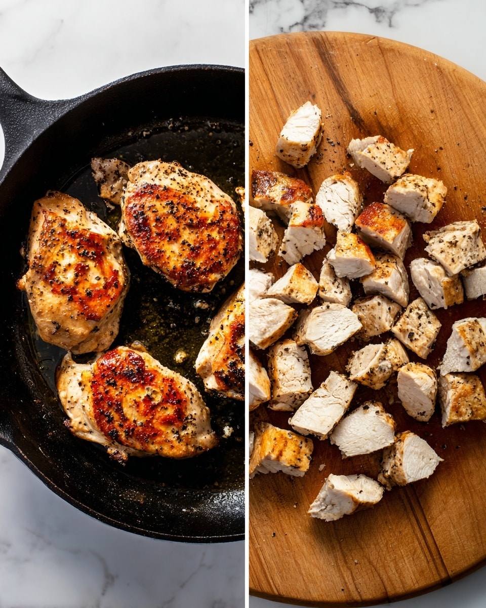 The image is divided into two parts: on the left side, two cooked chicken pieces sit side by side in a black cast iron pan, with a crispy light brown and slightly charred outer layer, speckled with black pepper, and the pan shows some oil and cooking marks around the chicken; on the right side, small chunks of the same chicken with white inside and browned edges are scattered on a wooden cutting board, showing a mix of tender white meat and golden brown skin pieces. The background is a white marbled texture. photo taken with an iphone --ar 4:5 --v 7