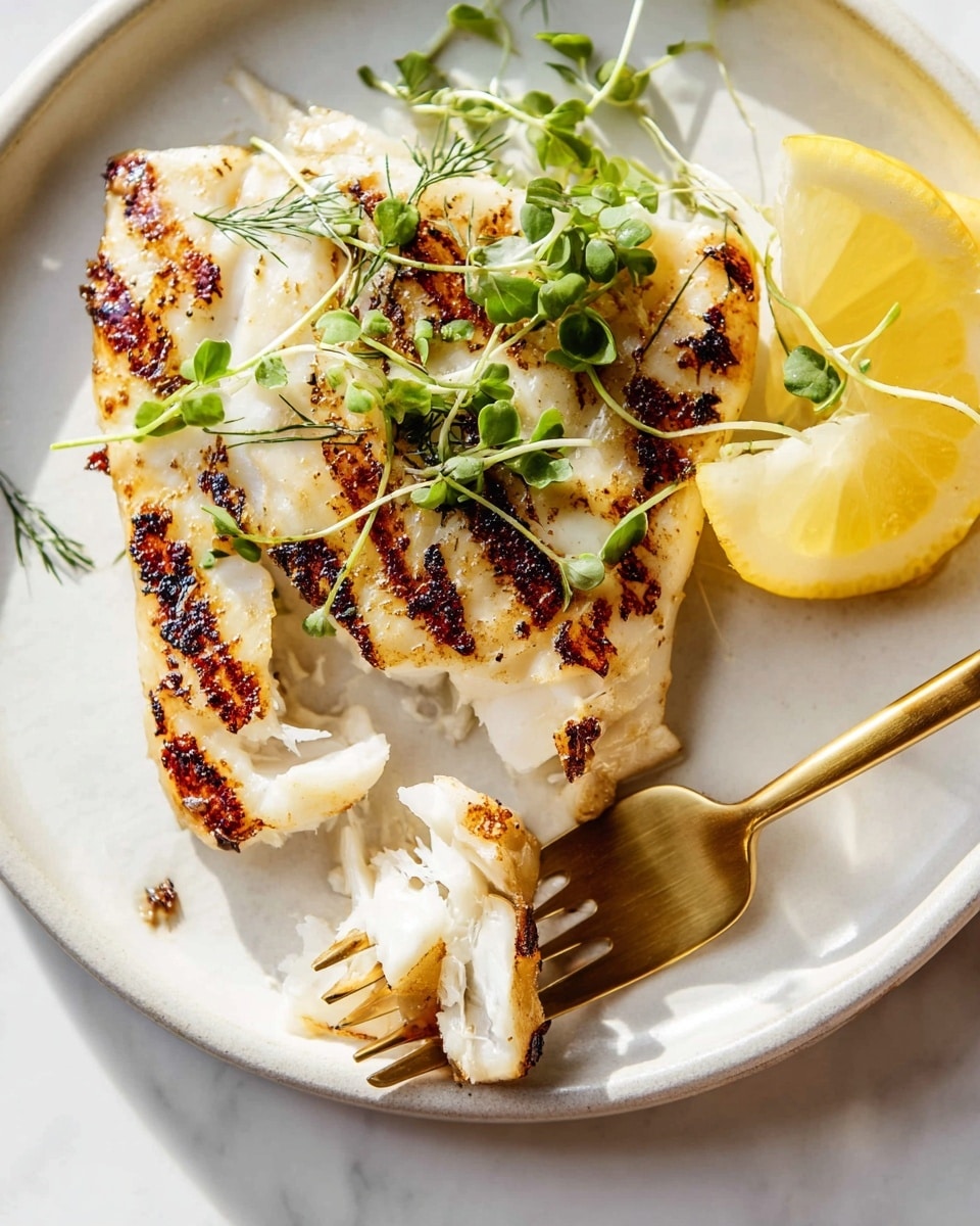A grilled white fish fillet with visible char marks sits on a white plate against a white marbled background. The fish is flaky, with some pieces pulled away by a gold fork in the lower right area of the plate. On the top of the fish, there are small green microgreens and dill sprigs adding fresh color. Two lemon wedges rest to the right of the fish, their bright yellow standing out against the neutral tones. The scene is brightly lit, highlighting the texture and slight charring on the fish’s surface. Photo taken with an iphone --ar 4:5 --v 7