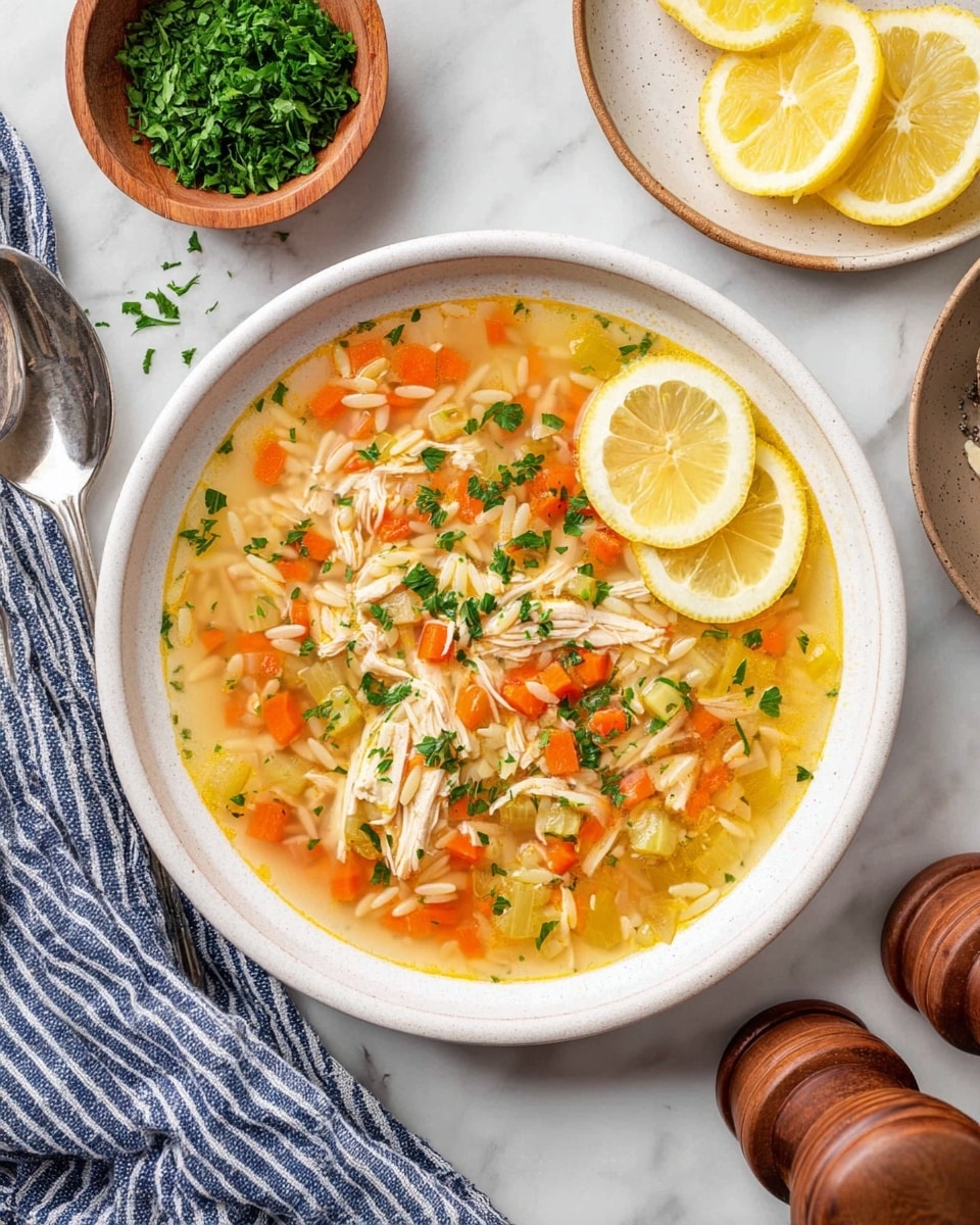 A shallow white bowl filled with vibrant chicken soup, showing three layers: at the bottom, clear golden broth with a smooth oily shine, in the middle, small orange carrot cubes and light green celery pieces mixed with scattered white orzo pasta, and on top, shredded white chicken pieces and a sprinkle of chopped green parsley. Two thin lemon slices rest on the right side near the top edge of the bowl, garnished with parsley flakes. The bowl sits on a white marbled surface with a striped blue cloth, a small wooden bowl of parsley, a plate with lemon slices, and two wooden pepper mills nearby, accompanied by a second white bowl holding two spoons. Photo taken with an iphone --ar 4:5 --v 7