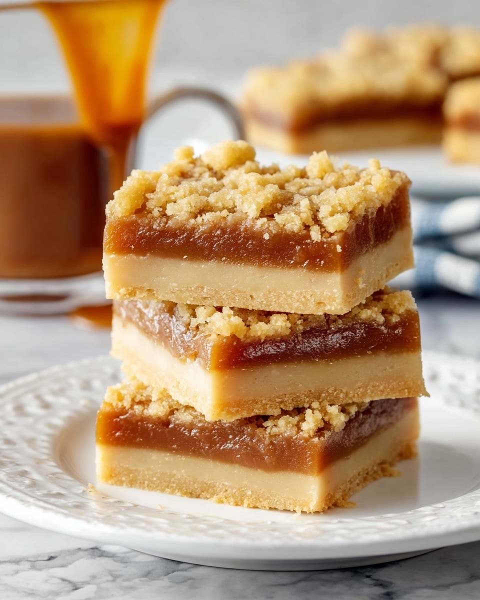 Three square dessert bars are stacked on a white plate with a detailed edge. Each bar has three layers: a light beige smooth base, a thick caramel brown middle layer, and a crumbly golden-yellow topping with small clumps. In the background, a white cup with caramel dripping down the side is slightly out of focus, all set on a white marbled surface. photo taken with an iphone --ar 4:5 --v 7