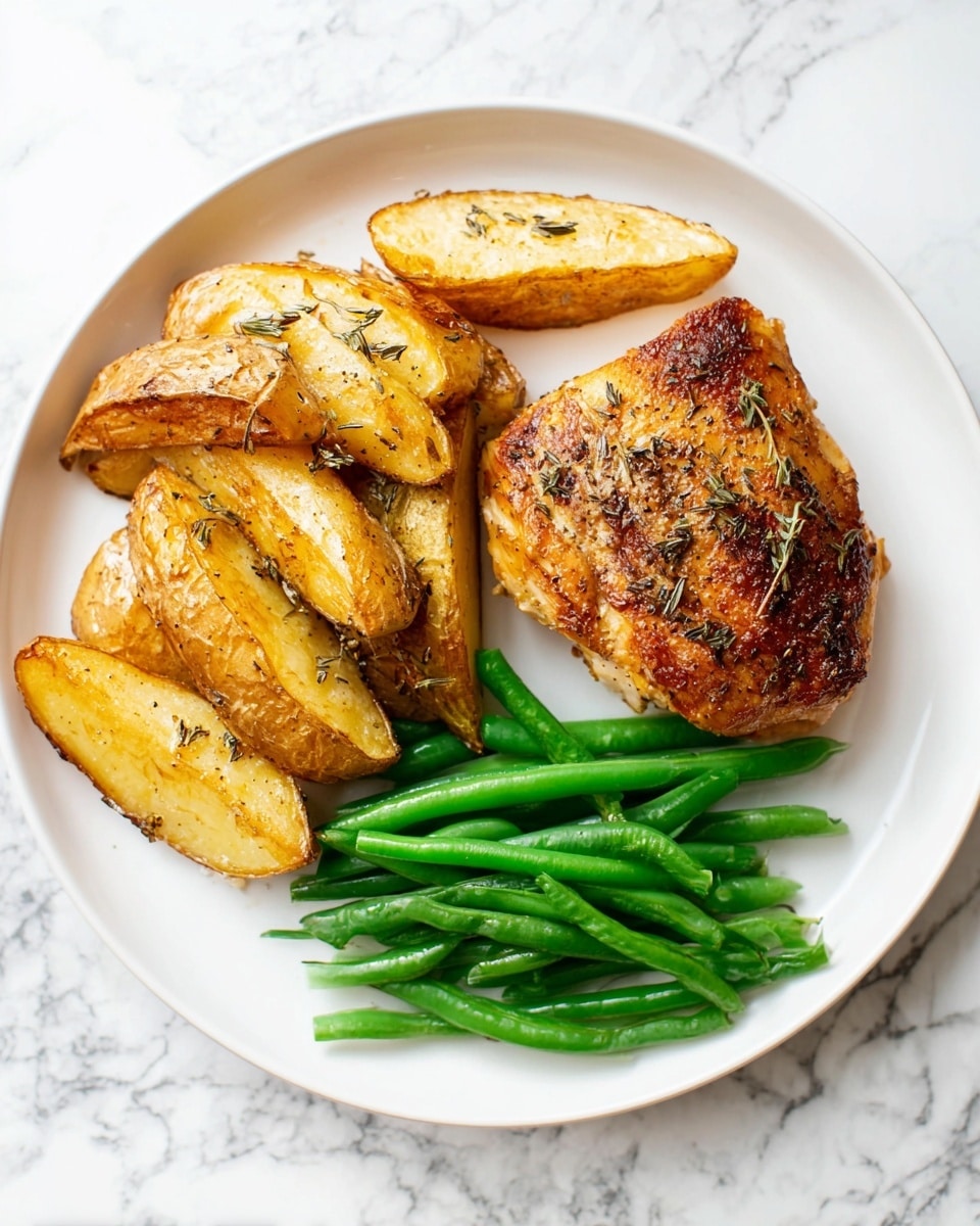 On a white round plate, there are three golden brown potato wedges on the left side, showing a crispy texture with herbs scattered on top. Below the wedges is a single piece of browned chicken with a roasted look, covered in similar herbs and spices. On the right side of the plate, there is a small neat pile of fresh, bright green beans. The plate is set on a white marbled surface. photo taken with an iphone --ar 4:5 --v 7