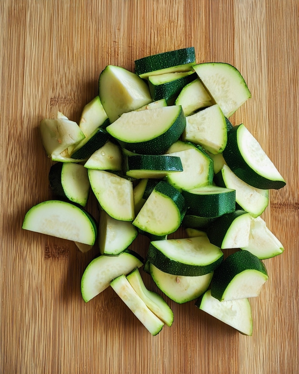 Sliced green zucchini pieces are spread over a light brown wooden cutting board. The zucchini slices show a mix of thick dark green skin and the pale, almost white inside flesh, with some visible seeds. The pieces are mostly half-moon shaped with varying thickness. The wooden texture under the zucchini is smooth with natural grain patterns. photo taken with an iphone --ar 4:5 --v 7