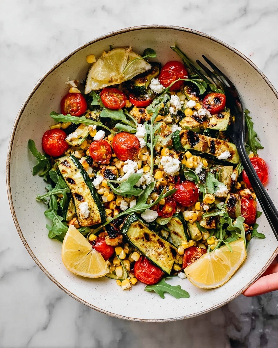 The dish is a colorful salad served in a large white bowl, layered with grilled green zucchini pieces with dark char marks, bright red halved cherry tomatoes, and scattered yellow corn kernels. Fresh green arugula leaves are mixed throughout, adding texture and color contrast. Small bits of white cheese crumble are sprinkled over the top. Two lemon wedges are placed on the side of the bowl for garnish. A black fork rests inside the bowl, and a woman's hand is reaching in from the top left corner. The bowl sits on a white marbled surface. photo taken with an iphone --ar 4:5 --v 7