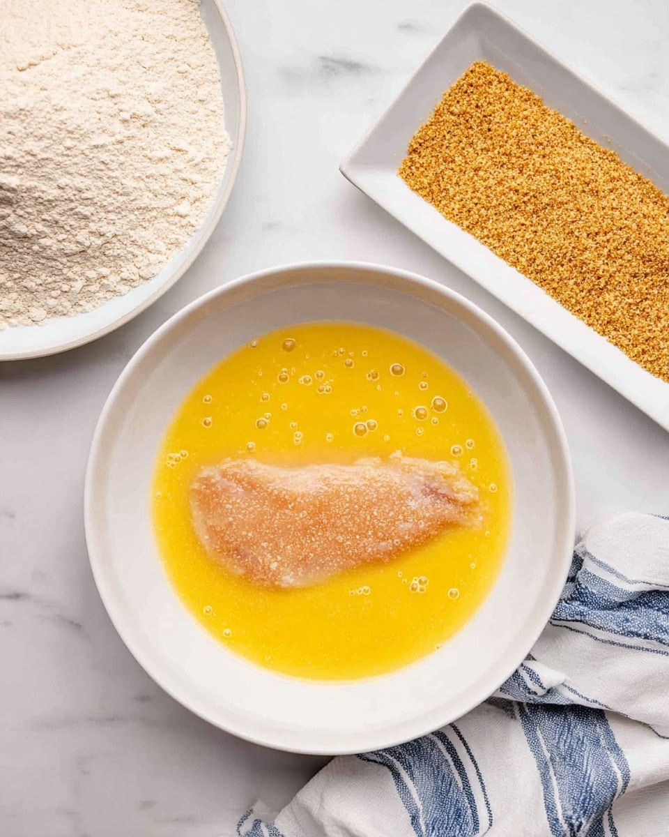 A white bowl filled with a bright yellow egg wash with small bubbles on top, in the middle lies a piece of raw chicken coated lightly in flour, partially soaked in the egg wash. To the left, a portion of a white plate with light flour is visible. Below is a white rectangular dish with golden brown breadcrumbs. On the right side is a white and blue striped cloth, all placed on a white marbled surface photo taken with an iphone --ar 4:5 --v 7