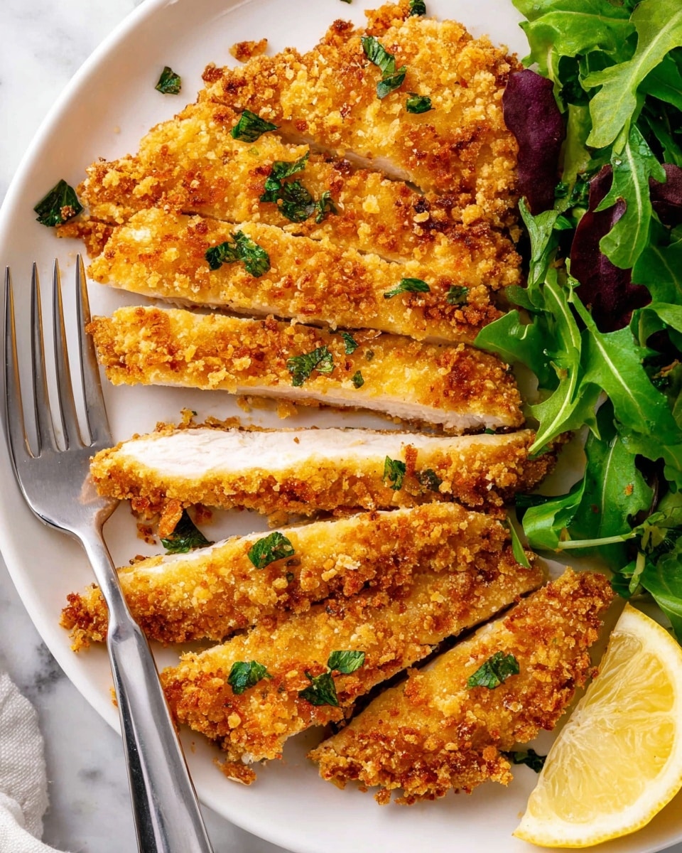 The image shows a white plate with several golden brown, crispy coated chicken pieces sliced into strips. The chicken pieces have a crunchy, textured coating with small green herb bits scattered on top. To the right side of the plate, there is a fresh green leafy salad, and a lemon wedge sits on the lower right corner. A silver fork is placed underneath some chicken strips on the left side. The plate is set on a surface with a white marbled texture. Photo taken with an iphone --ar 4:5 --v 7