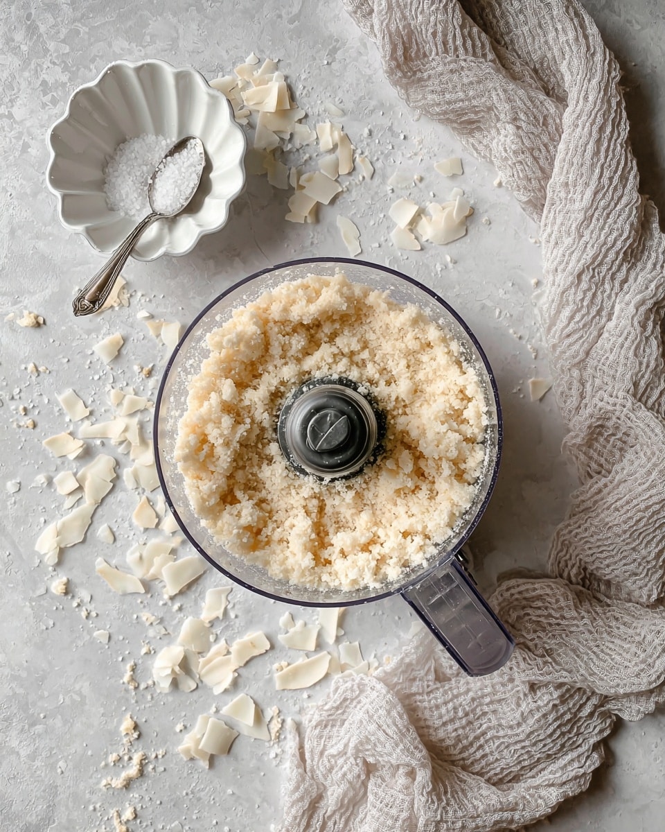 A top view of a transparent food processor bowl filled with crumbly, light beige mixture, showing an uneven texture inside. The bowl handle is on the right side. Around the bowl, there are pieces of white flakes scattered on a white marbled surface. To the left of the bowl is a small white scalloped dish holding coarse salt with a silver spoon resting in it. On the right side, next to the bowl, a soft, textured light cloth is casually placed. Photo taken with an iphone --ar 4:5 --v 7